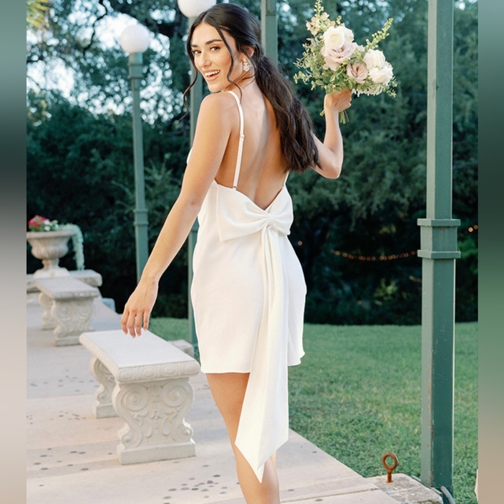 Revelry White Backless Mini Dress with Bow Detail